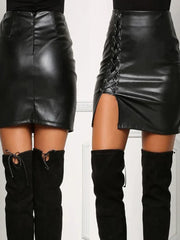Summer Sexy Girls Above Knee Black PU Leather Mini Skirts Spring Female High Waist Bodycon Front Split Elegant Short Skirt