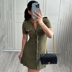 Metal Button Knitted Short Sleeve Dress Women's Retro Elegant Mini Sweater Dresses Solid Color Club Party Vestido Female