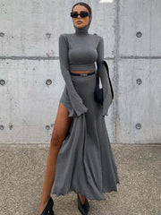 Loose Side Slit Skirt Two Piece Sets Womens Outfits 2025 Women Dress Sets Short Long Sleeve Hoodies And Skirts Suit Femme