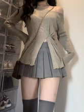 Korean Simple Off Shoulder Slim Fit Knitted Pullover+ Y2k E-Girl High Waist Ruched Skirts 2024 Autumn New Two Piece Sets