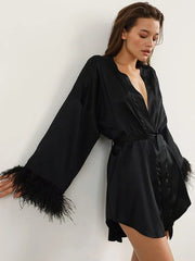 Feather Sexy Silk Dress Women Black Long Sleeve Lace Up Sexy Homewear Pajama Dresses Elegant Ladies Summer Dresses