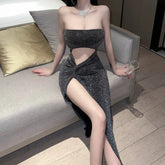 Dresses Sexy Sequin Sparkling Spicy Girl Hollow Top High Waisted Slit Long Dress Nightclub Two-piece Dress Elegant S2EY