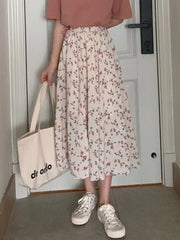 Vintage Floral Print A-line Pleated Long Skirts Summer Women 2024 Korean Skirt Streetwear Drawstring Elastic Waist Midi Skirt