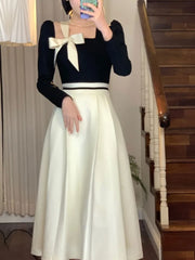 Elegant Hepburn Women Dresses Spring Korean Fashion Chic Square Collar Bow Long Sleeve Vestidos Patchwork Prom A Line Dress New