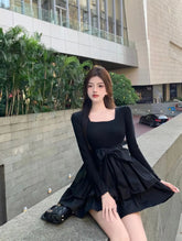 korean style black square neck long sleeved dress for women's spring autumn new bow tie high waisted cake skirt fluffy skirt 752