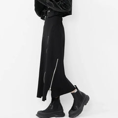 Harajuku Long Skirt Women Black High Waist A-line Zipper Split Irregular Japanese Fashion Midi Autumn Streetwear