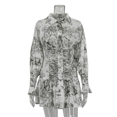 Retro Print Short Dress Female Lanter Sleeve Lapel Lace Up Shirt Dress Spring Fashion A-line Dress Vestido Ladies Elegant