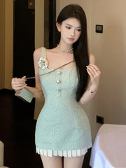 Korean Sweet Small Fragrance Tweed Dresses For Women 2025 French Fashion 3D Flower Summer Dress Hotsweet Sexy Tank Party Dress