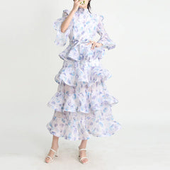 Print Ruffled Design Dresses For Women V Neck Single Breasyed Short Sleeve Elegant Dress Female Spring 2025 New