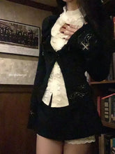 Autumn France Elegant Slim 3-piece Set Women Design Hot Chick Hollow Out Shirt + Long Sleeve Knit Cardigan High Waist Skirt Suit