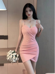 2025 Summer Women's Sexy Spicy Girl V-neck Low cut backless Fashion Tight Split Irregular Wrap buttocks Solid Color Dress SSMB
