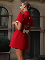 Back Hollow Bows Mini Dress For Women Solid Elegant Short Sleeve Splice Club Party Dress Female A-line Bodycon Outfits