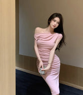 American Style Temperament One Shoulder Women's Maxi Dress Summer Soft Girls Off Shoulder Tight Waist Wrap Hip Long Dress ZOVH