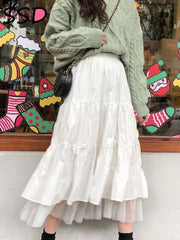 Long Tulle Midi Skirts Womens 2024 Autumn Elastic High Waist Mesh Tutu Pleated Skirts Female Black White Long Skirt Streetwear