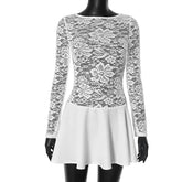 Lace Splice Folds Short Dress For Women Fashion O neck Long Sleeve Casual Dress See Through Sexy Dress Ladies Spring New