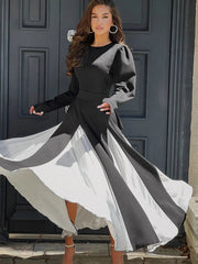 Elegant Contrasting Color Long Dress For Women Lace Up Long Sleeve Slim Party Dresses Female Patchwork Outfit 2025 Autumn