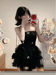 Even Party Black Dress Women Casual Corset Y2k Mini Office Lady Sleeveless Bodycon Lace One Piece Korean