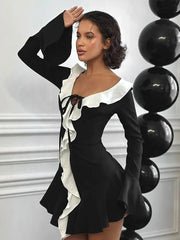 Contrast Color Ruffled Flare Sleeve Mini Dress Women's Lace Up Elegant Sexy Deep V Neck Bodycon Party Dresses Female New