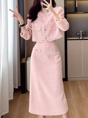 French Elegant Women Pink 2 Pieces Set 2025 Autumn Tassel Long Sleeve Coat A-line Chic Midi Skirt Spring Y2k Lady Dress Suits