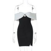 2025 Spring New Strapless Mini Dress One-Shoulder Sexy Contrast Color Women's Gown Dress Slim Hollow Sleeveless Vestido