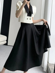 French Elegant Two Piece Sets Vintage Office Lady Puff Sleeve White Crop Top + A Line Black Midi Skirts Suit Retro Summer Outfit