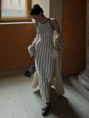 Retro Striped Knit Sleeveless Long Dress For Women Autumn Contrasting Color Slim Beach Holiday Sweater Dresses Elegant