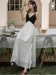French Black And White Patchwork Maxi Dress Women Summer V Neck Sleeveless Backless Pleated Vestido Beach Holiday Party Clothing
