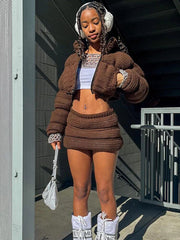 High Waist Knitted Dress Suits Women Slim Fashion Zipper Short Coat Woman Bodycon Mini Skirts 2 Piece Sets Womens Outfits