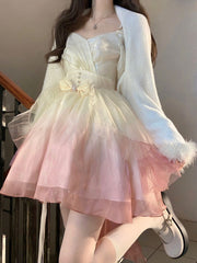 2023 New Spring Gradient Mesh Sling Kawaii Dress Women's Korean Y2K Lolita Mini Dress Chiffon Fashion French Female Dress