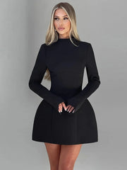 Elegant Long Sleeve Backless Mini Dress For Women O Neck High Waist A-line Club Party Sexy Bodycon Dress Solid Autumn New