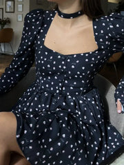 Folds Print Dress For Women 2025 Summer Casual Long Sleeve France Retro Dresses Femme Street Elegant Floral Dress Female