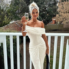 Elegant Textured One-shoulder Ruched Dress For Women Autumn New Sleeveless Tube Top Maxi Dress Lady Holiday Party Clothes