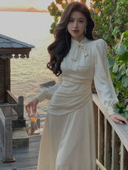 New Spring Elegant Satin Midi Dress Women French Vintage Bow Tie OL Dress Female Casual One Piece Dress Korean Chic Vestido