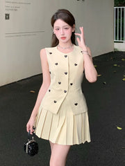 High Quality Korean Elegant Fashion OL 2 Piece Set Women Blazer Vest Top + Pleated Skirt Two Piece Suits Small Fragrance Outfit