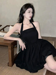 Preppy Style French Small Black Dress Elegant Summer Soft Girl Backless Hanging Back Neck Strapless Fluffy Fashion Dresses ETCS