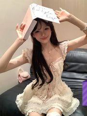 Fashion Sweet Slim Fit Sleeveless Vest for Women+ Y2k E-Girl High Waist Lace Ruched Skirts 2024 Summer New Two Piece Sets