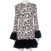 Leopard Splice Flare Long Sleeve Fashion Mini Dress Female Elegant Office Outfits Print Slim Club Party Dress High Waist