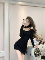 French Slim Fit High End Sexy Long Sleeved Unique Fashion Red Off The Shoulder Wrap Hip Dress Elegant Female Spring Autumn HOAR