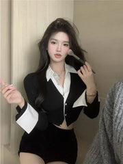 Black Fake Two Piece Slim Fit Long Sleeve Shirts for Women+ Y2k E-Girl High Waist Bodycon Skirts 2024 Autumn Sets