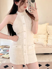 2025 Summer New Luxury Elegant French Vintage Small Fragrance Tweed Dress Women Korean Sweet Sleeveless Sexy Dress Mini Vestidos