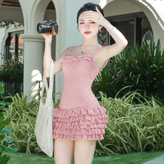 Lace Splicing Ruffled Sling Dress For Women Solid Color High Waisted Sleeveless Backless Summer Beach Vacation New Dress