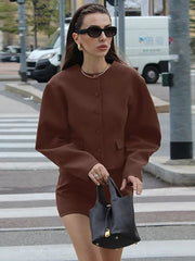 Fashion Cardigan Skirt Two Pieces Set Female Button Long Sleeve Top Slim Solid Mini Skirt Chic Matching Set Autumn Casual