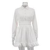 Fashion White Ruffled Dress Female Lapel Long Sleeve Mini Women's Dress Elegant Office High Waist Pleated Dress 2025 New
