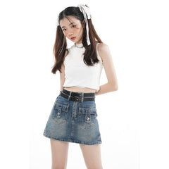 Back to school Women's Vintage Denim Blue Half Body Skirt Korean Fashion Design High Waist Wrap The Buttocks A-Line Short Skirt Ladies Summer