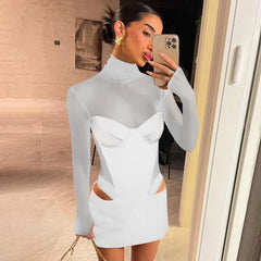 Elegant Mesh Splice Hollow Mini Dress For Women Turtleneck Slim Party Club Outfits Sexy See Through Corset Dress Vestido