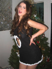 Knit Heart Hollow Out Splice Mini Dress Woman Slim Sleeveless Fashion High Waist Lace Ruffled See-Through Knitwear Dress