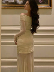 Elegant Knitted Dress Women Mesh Patchwork Long Sleeve Slash Neck Wrap Hip Autumn Spring Evening Party Prom Robe Vestidos Mujer