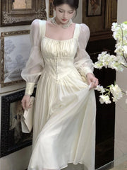 Elegant Midi Dresses for Women French Vintage Princess Party Dress High Waist A-line Prom Robe One Piece Vestidos Mujer New 2025