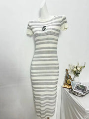 Fashion Casual Striped Knitted Bodycon Dress Simple Elegant Sheath Robe Office Lady Korean Elastic Basis Bottoming Long Dress