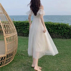 Fairycore Mesh Dress Woman 2025 Summer Low Chest Off Shoulder Lace-Up White Dresses Women Sexy Sweet Spaghetti Strap Dress